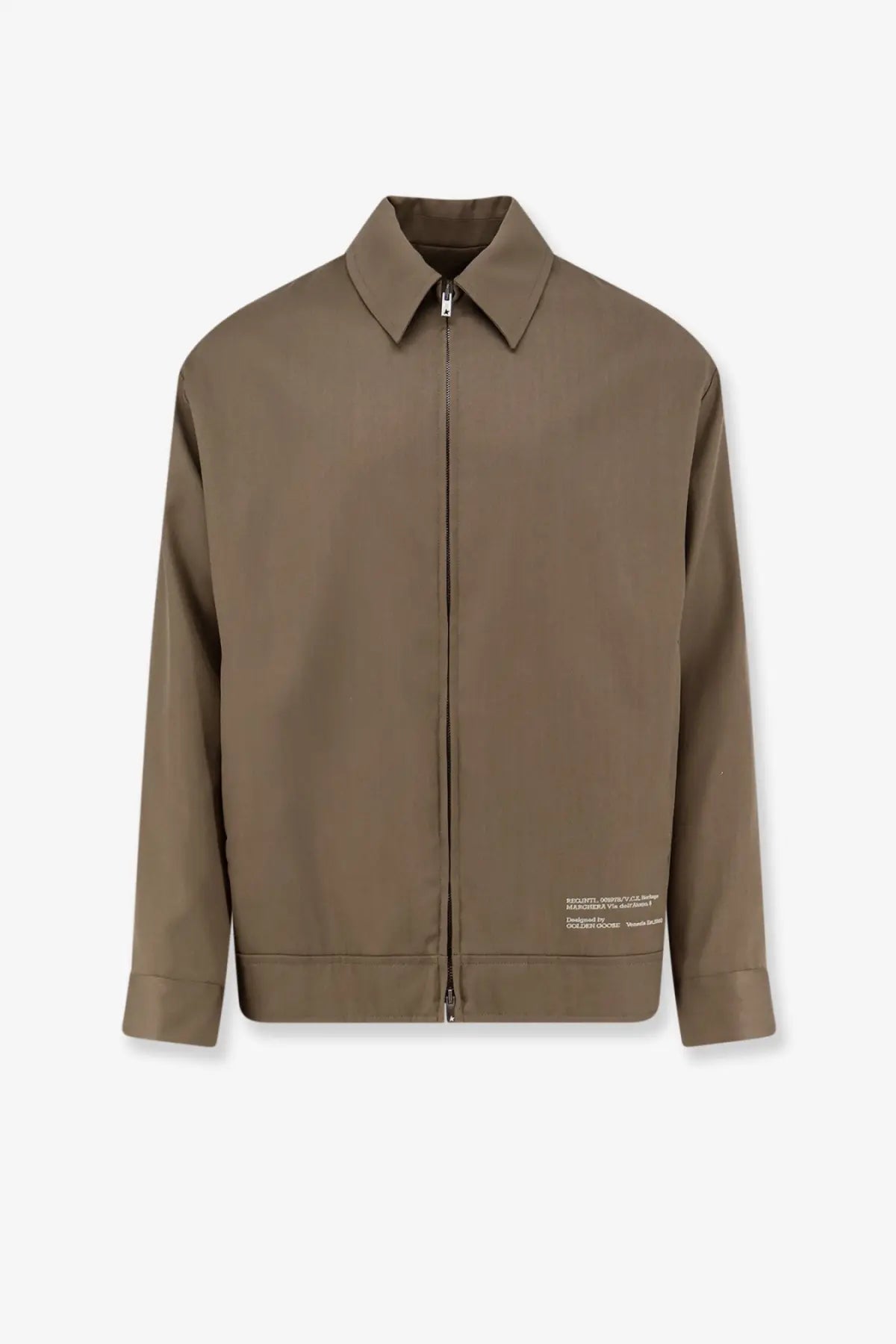 Golden Goose men’s coach wool and cotton jacket brown with structured collar and subtle white text detailing