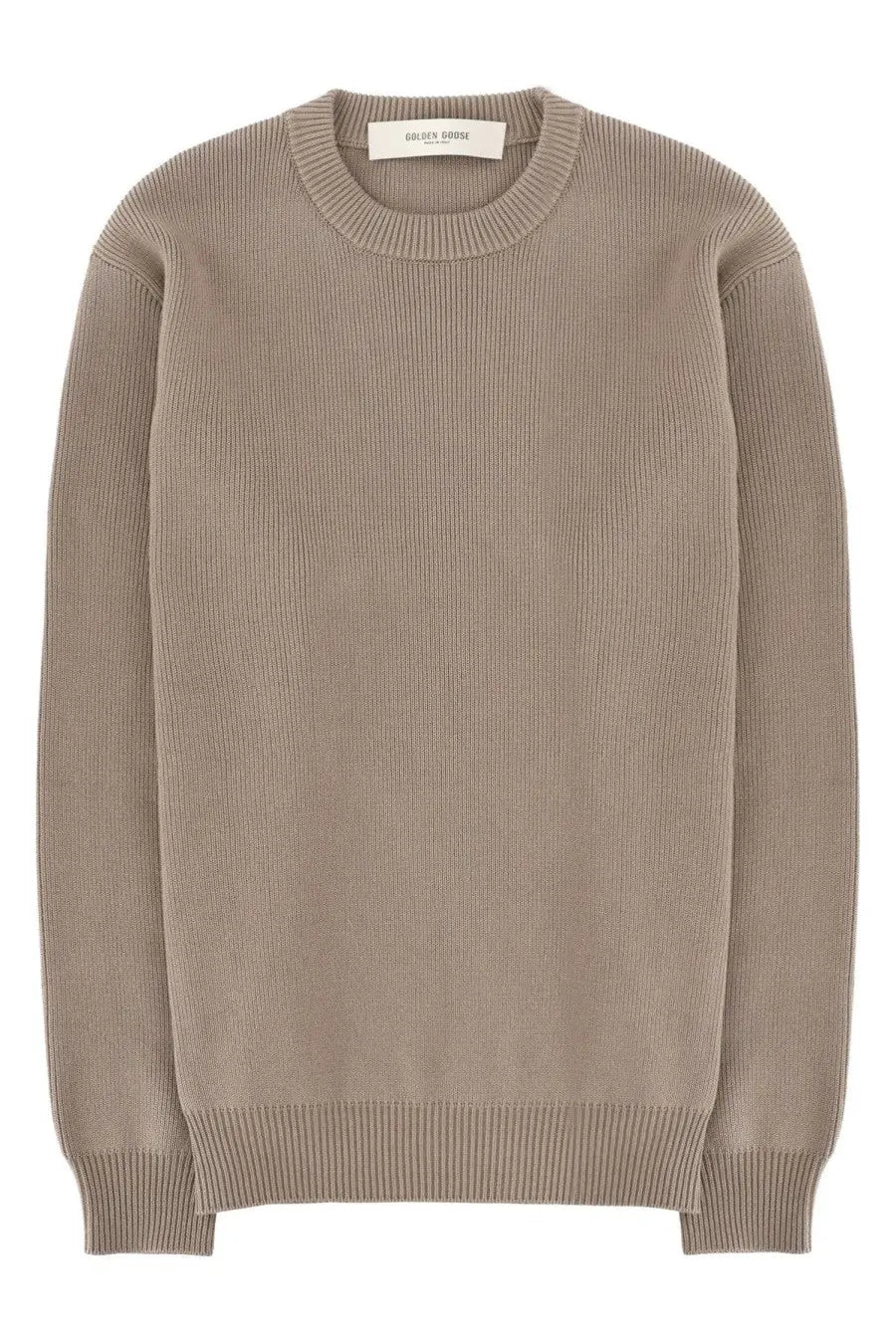 Beige ribbed knit sweater with classic crew neck long sleeves cotton jersey golden goose label at neckline