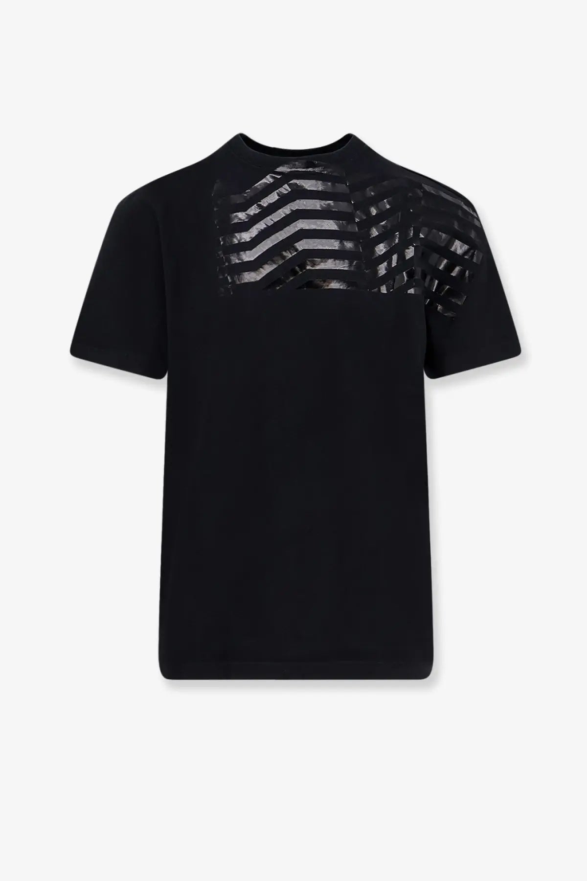 Golden Goose men’s black cotton t-shirt with short sleeves and silver black wavy stripe pattern on the shoulders