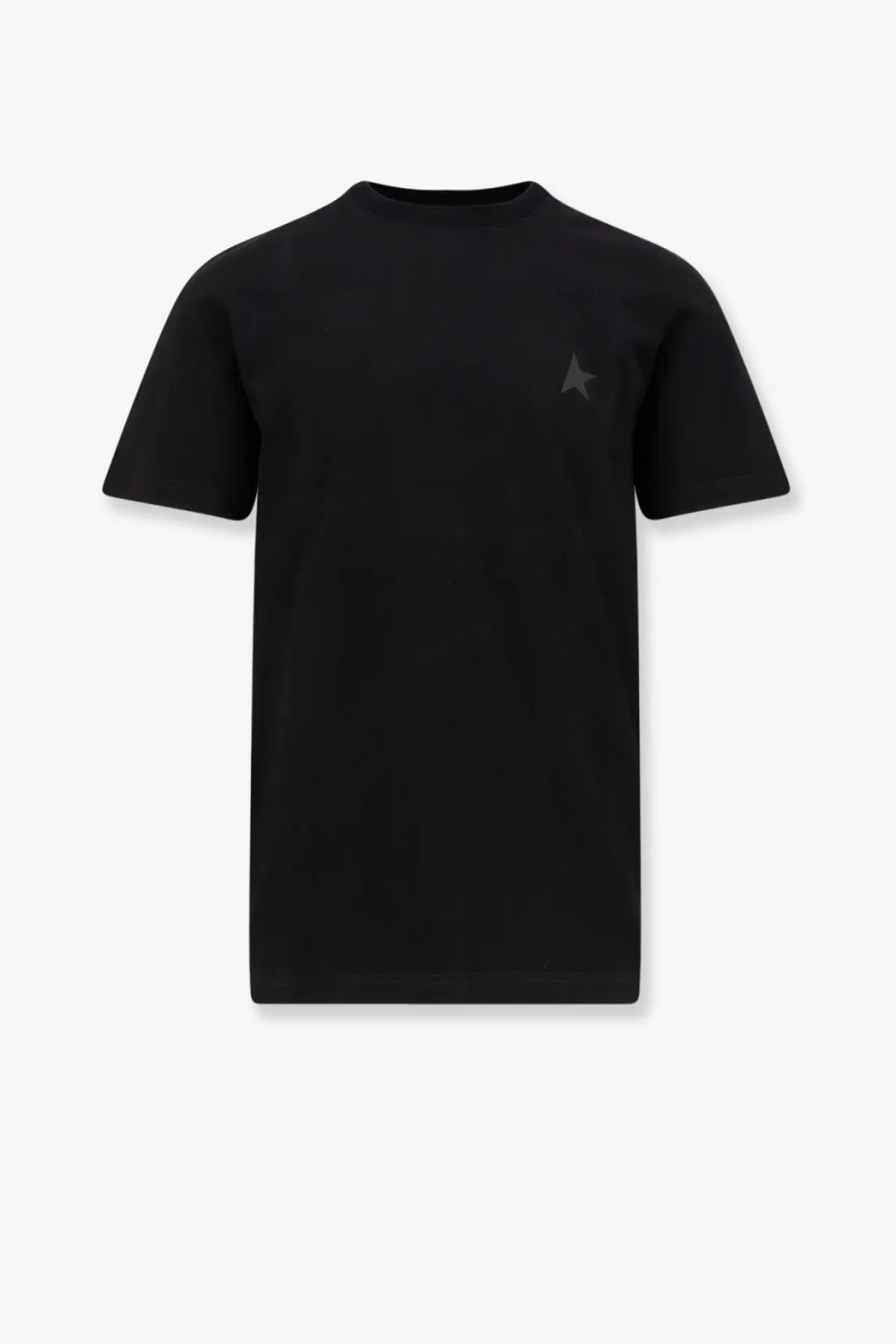 Golden Goose men’s black cotton t-shirt with short sleeves and a subtle dark gray star logo on the left chest