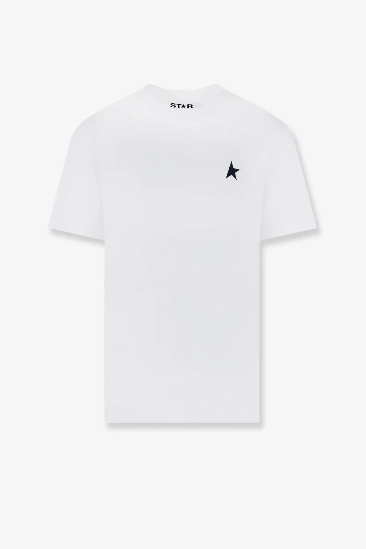 Golden Goose men’s white cotton t-shirt with small black star embroidery and star print at the neckline