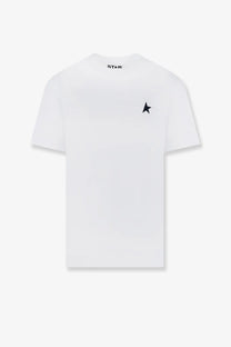 Golden Goose men’s white cotton t-shirt with small black star embroidery and star print at the neckline
