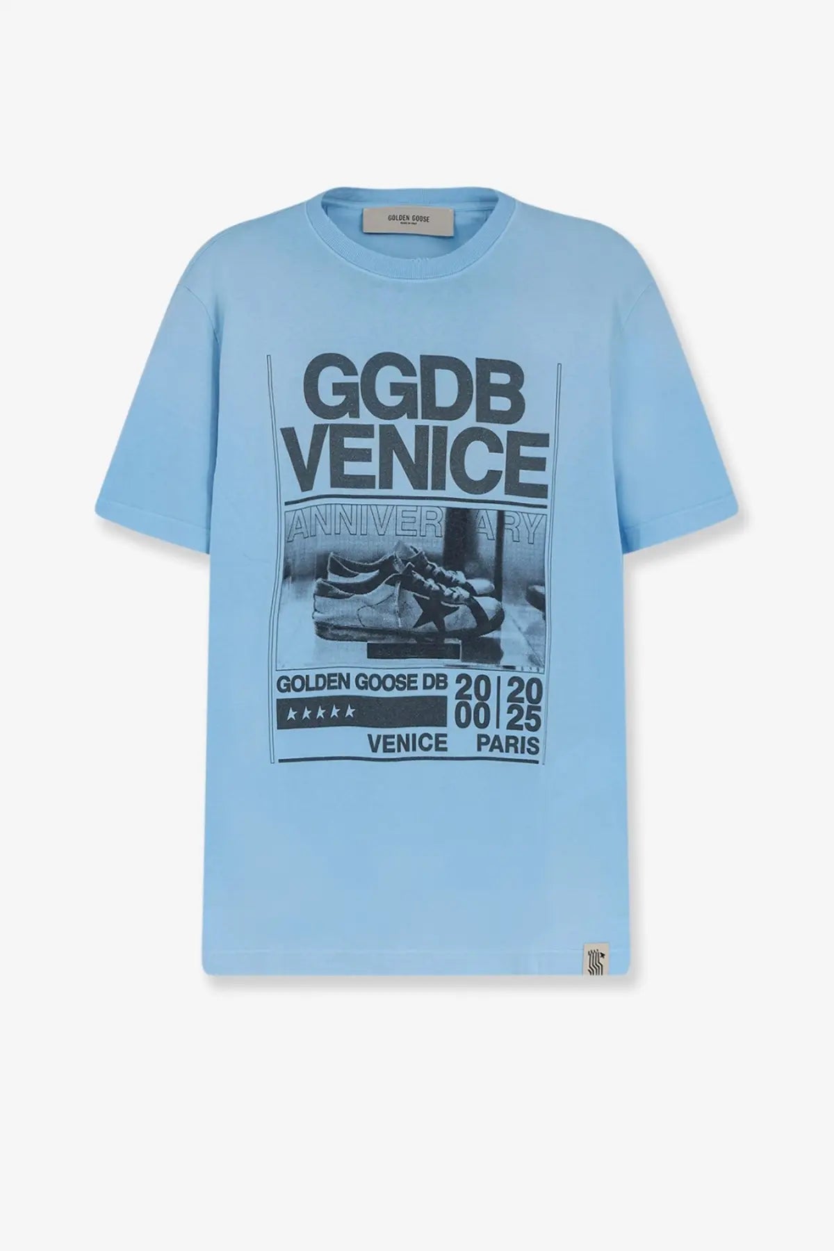 Golden Goose men’s light blue cotton t-shirt with bold black ggdb venice anniversary graphic and sneaker print
