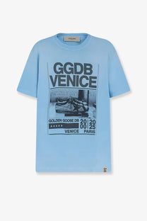 Golden Goose men’s light blue cotton t-shirt with bold black ggdb venice anniversary graphic and sneaker print