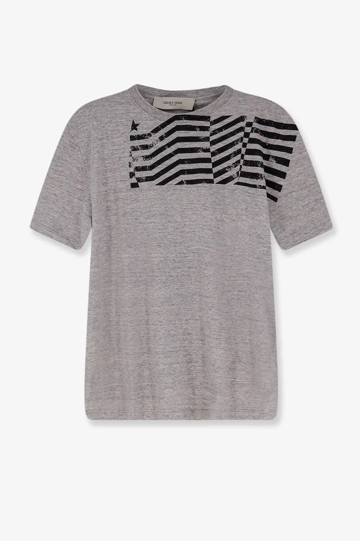 Golden Goose men’s gray heathered cotton t-shirt with bold black diagonal stripes and star graphic on the chest