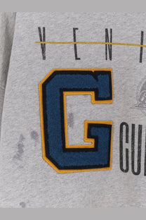Golden Goose men’s grey cotton sweatshirt with bold embroidered blue letter c featuring yellow and black trim