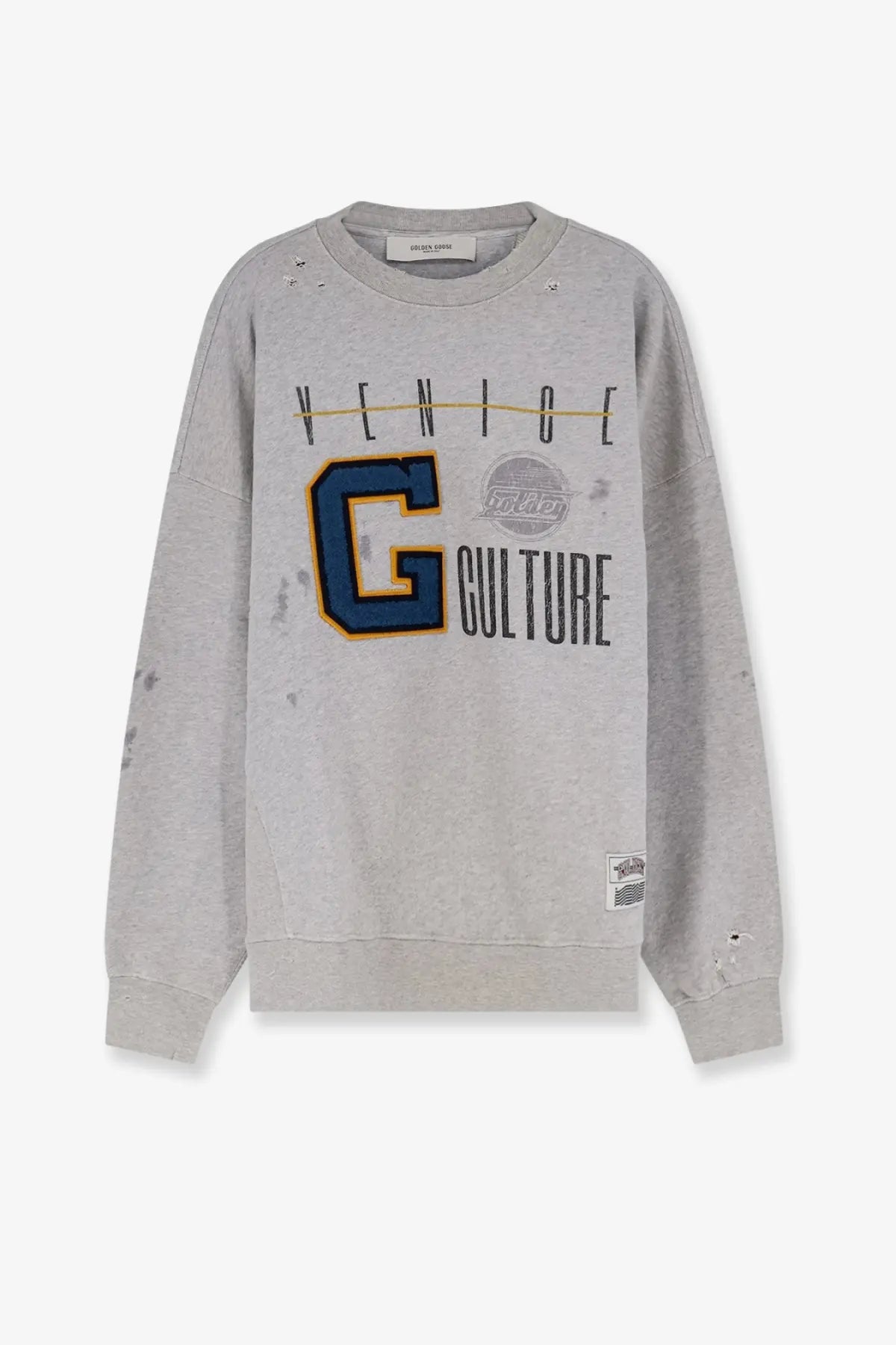 Golden goose men’s grey cotton sweatshirt with bold blue and yellow g graphic and venice lettering outlined in gold