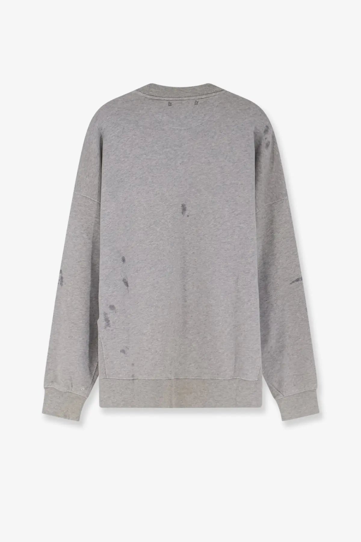 Golden Goose men’s grey cotton sweatshirt with distressed dark gray splatter stains and subtle logo at neckline