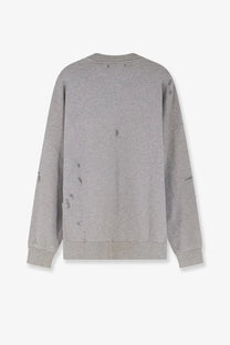 Golden Goose men’s grey cotton sweatshirt with distressed dark gray splatter stains and subtle logo at neckline