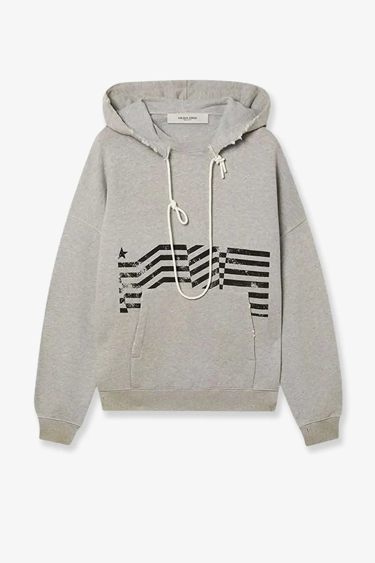 Golden goose men’s heather gray cotton sweatshirt with distressed black wavy stripes and star graphic and white drawstrings
