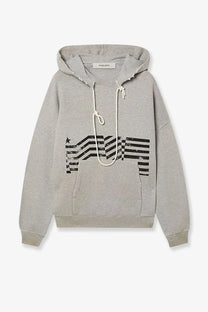Golden goose men’s heather gray cotton sweatshirt with distressed black wavy stripes and star graphic and white drawstrings