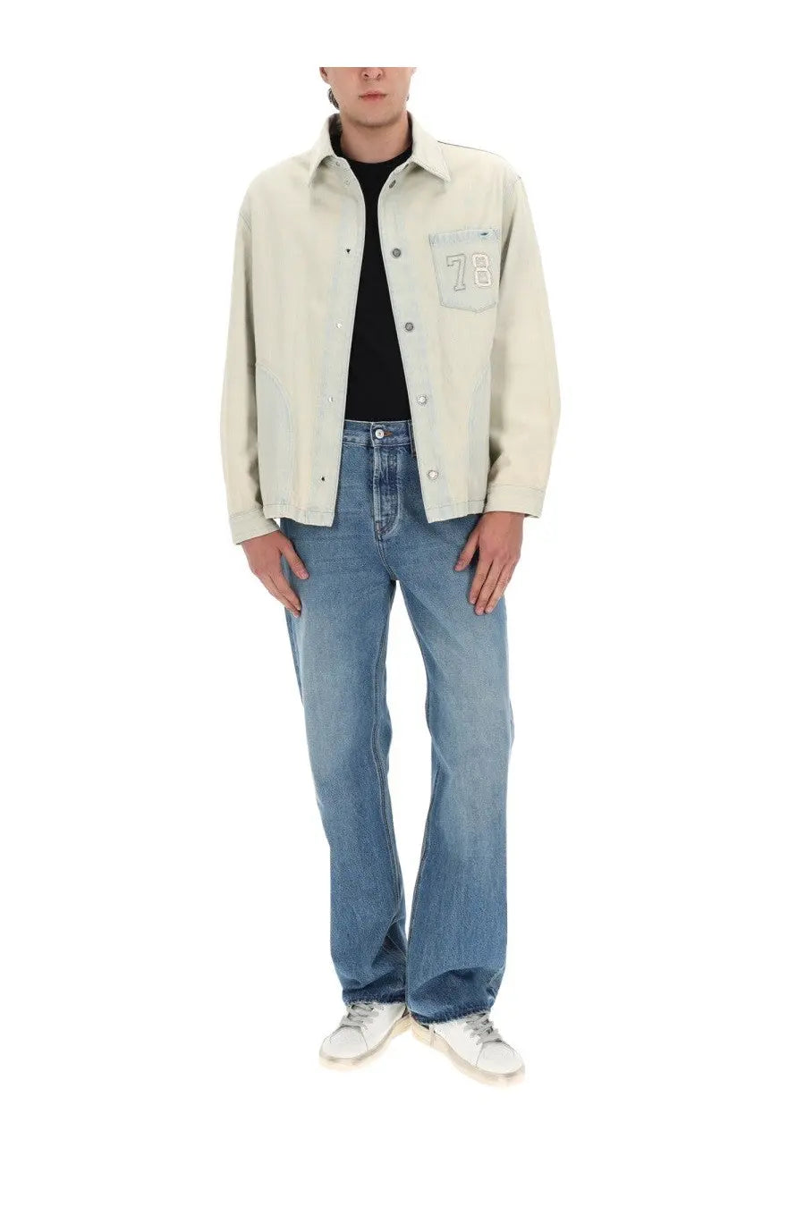 Golden Goose men’s beige denim jacket with chest pocket embroidered with number 78 in dark thread