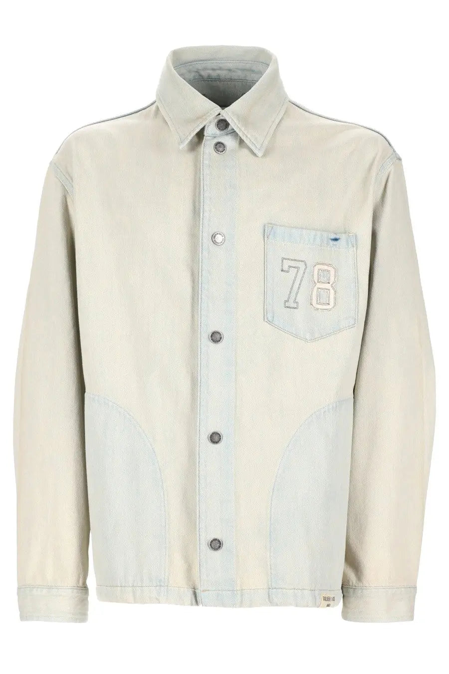 Golden Goose men’s beige denim jacket with light blue patchwork and front pocket embroidered with number 78