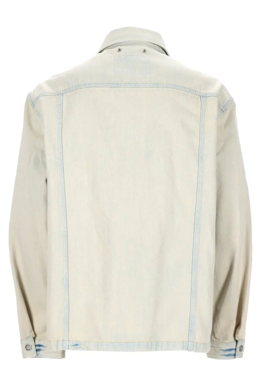 Golden Goose men’s giacca beige denim jacket with subtle blue stitching and classic collar in light beige color