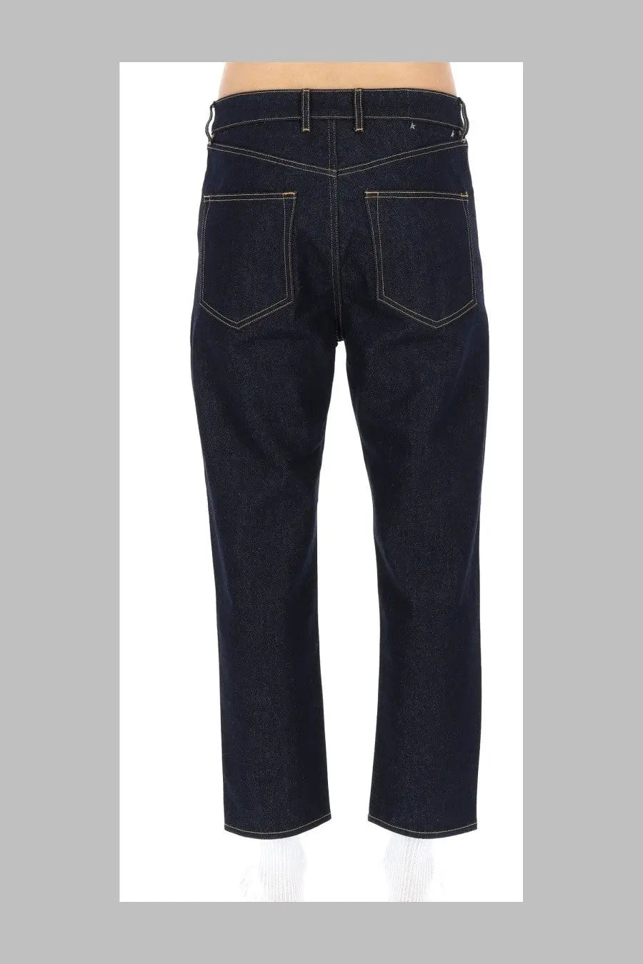 Golden Goose men’s happy pant dark blue jeans in dark indigo denim with contrasting light stitching and five pockets