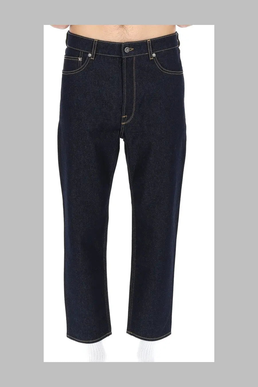Golden Goose men’s Happy Pant dark blue jeans in dark indigo denim with contrasting white stitching and five-pocket design