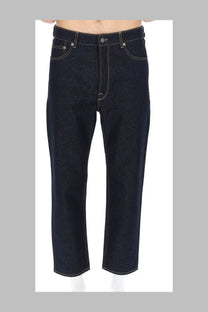 Golden Goose men’s Happy Pant dark blue jeans in dark indigo denim with contrasting white stitching and five-pocket design