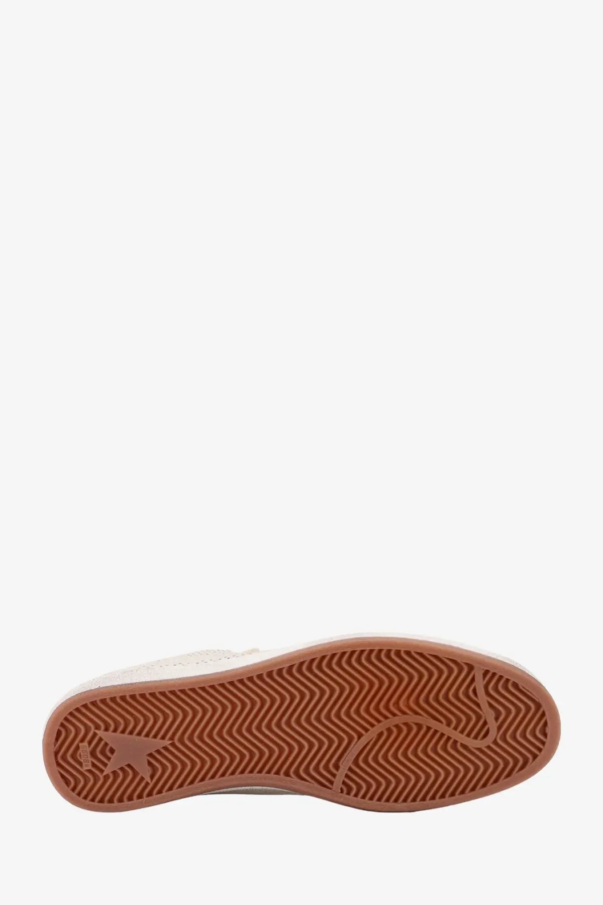 Back view of golden goose men’s hf ball star perforated leather sneaker in white with tan rubber sole and star logo