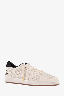 Golden Goose men’s hf ball star perforated leather sneakers in cream suede with black heel tab and distressed sole