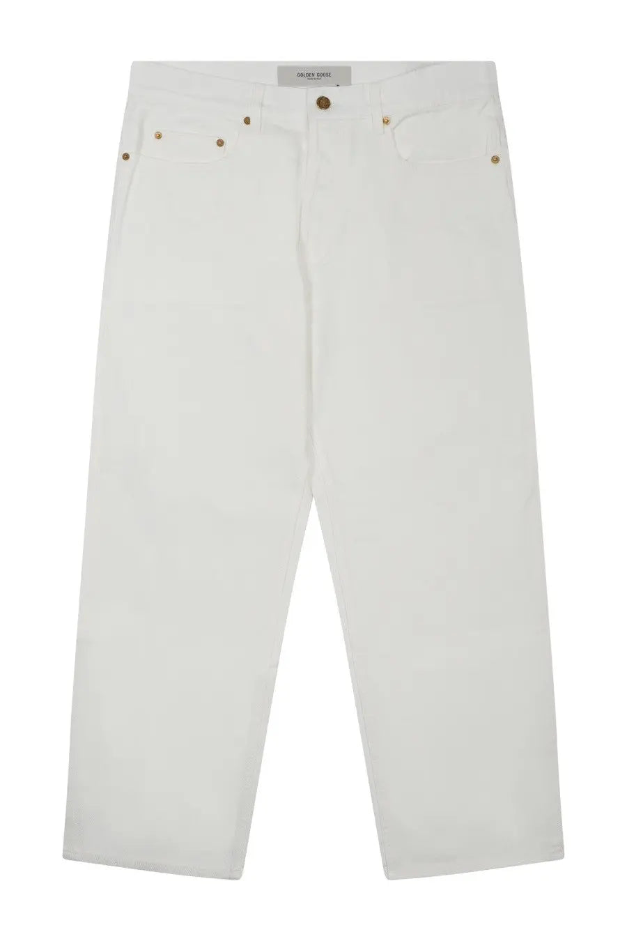 Golden goose men’s white denim jeans with gold-tone hardware and minimalist design front view