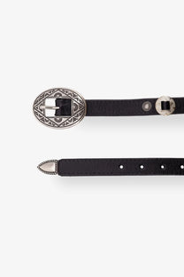 Golden Goose men’s black leather belt with ornate silver-toned oval buckle and matching silver-toned tip