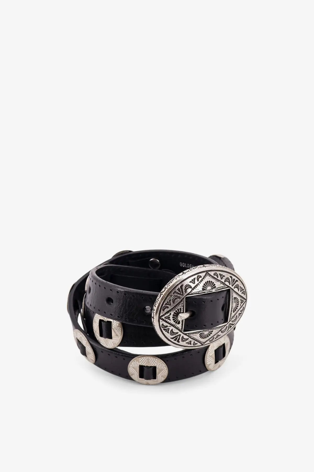 Golden goose men’s black leather belt with silver-toned engraved oval buckle and matching circular studs