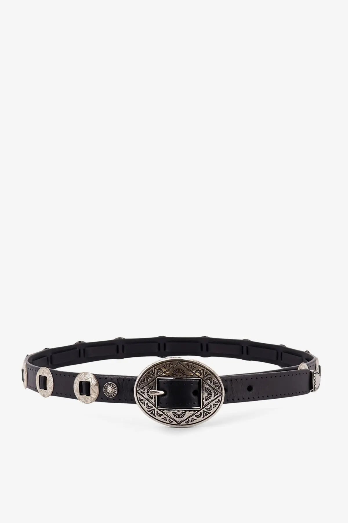 Golden Goose men’s black leather belt with silver oval engraved buckle and decorative metal studs along the strap