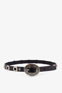 Golden Goose men’s black leather belt with silver oval engraved buckle and decorative metal studs along the strap