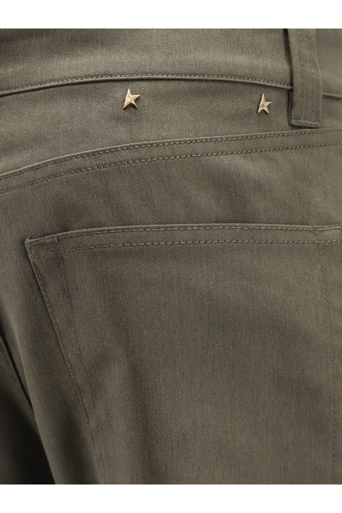 Golden goose men’s leniin olive green cotton blend denim jeans with two small gold star metal accents on the waistband