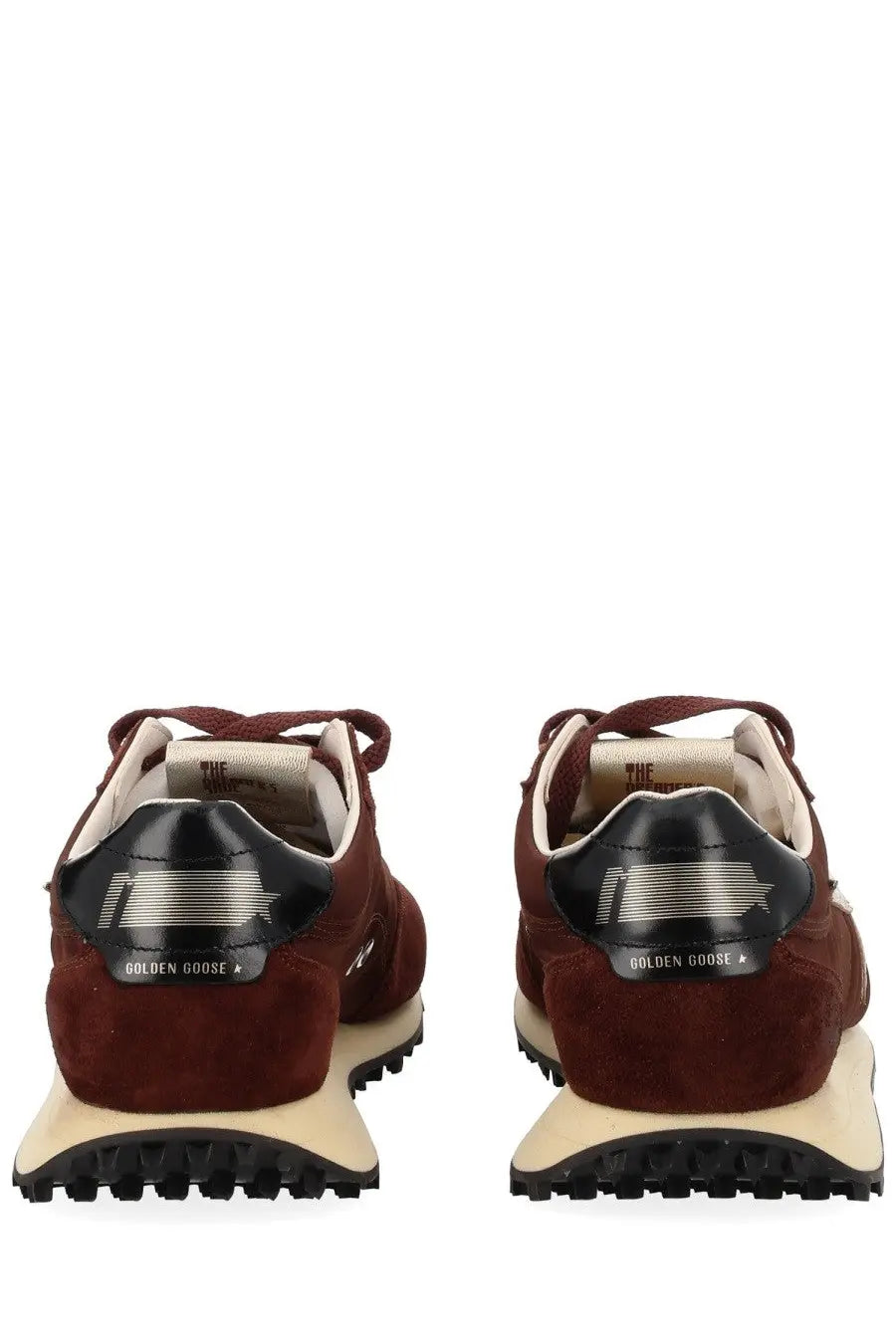 Back view of golden goose men’s marathon sneaker red with maroon suede upper black rubber heel tab cream midsole and logo