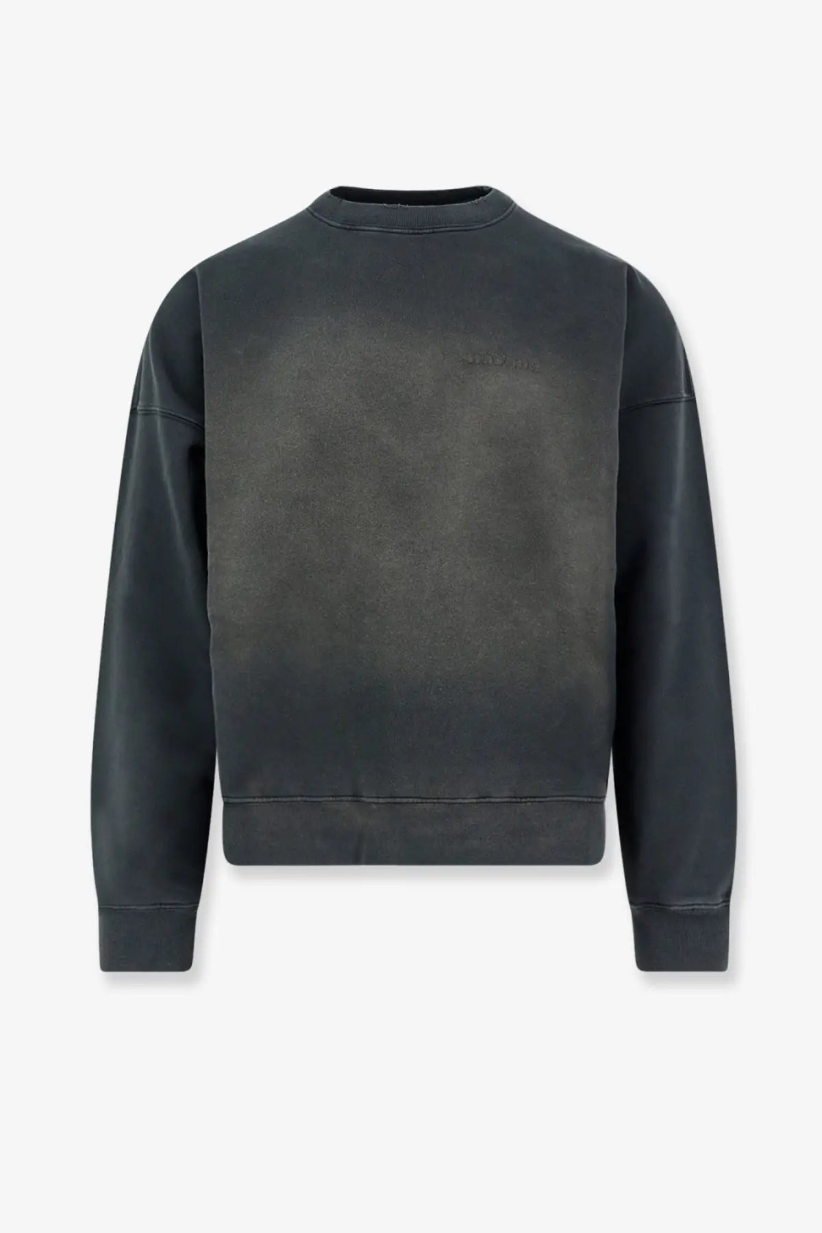 Golden Goose men’s martin distressed cotton sweatshirt in black with dark gray gradient fade and ribbed cuffs