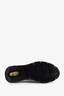 Back view of golden goose men’s white mesh and leather sneakers showing black rubber sole with gold logo plate
