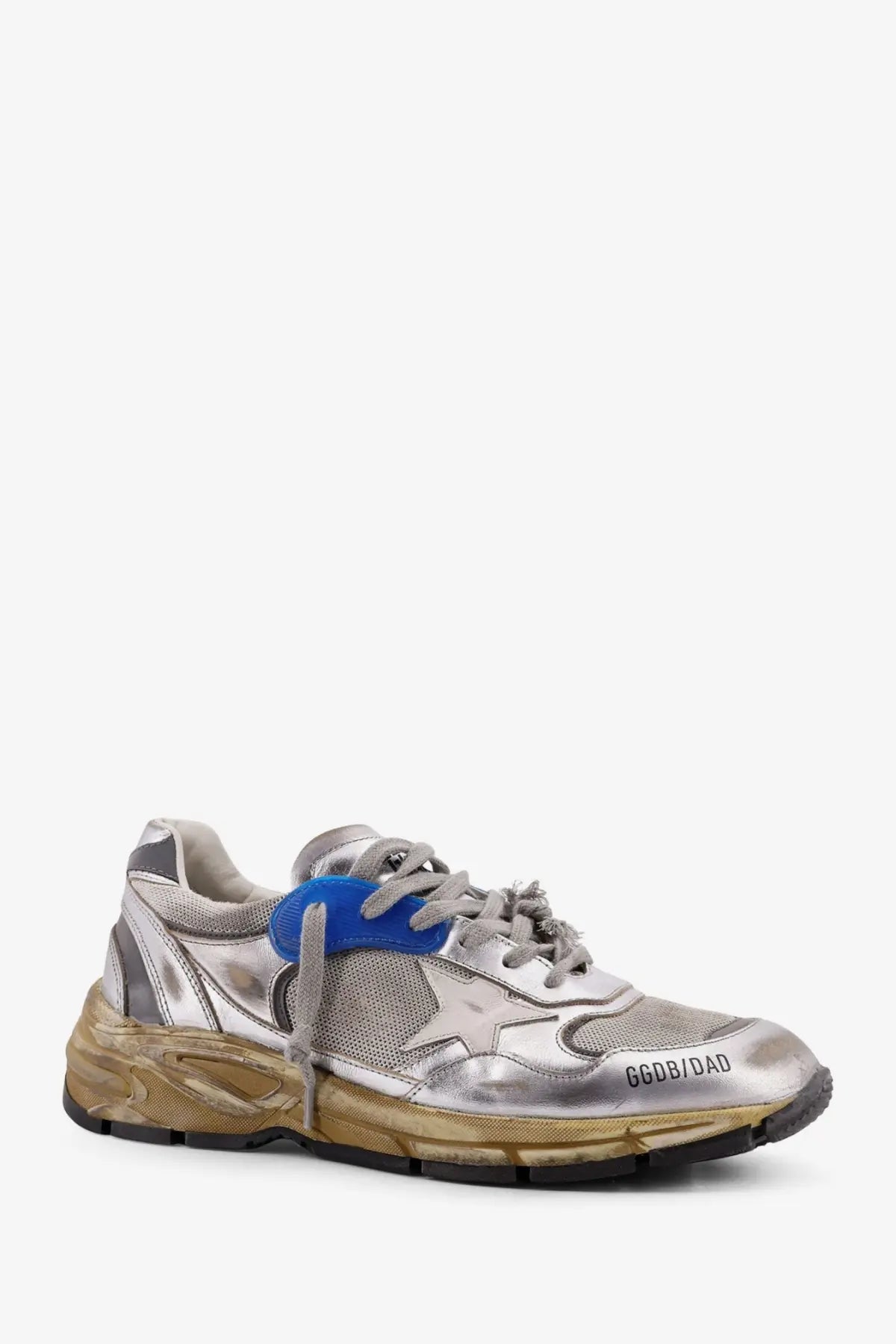 Golden goose men’s mesh and leather sneakers white featuring a silver metallic distressed finish blue lace tab and gold sole
