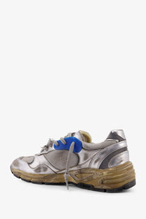 Golden goose men’s white mesh and leather sneakers with silver metallic distressed look and bold blue laces