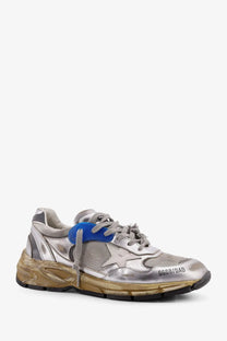 Golden goose men’s mesh and leather sneakers in white with silver metallic distressed finish blue lace tab and gold rubber sole