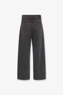 Dark gray wide-leg denim jeans with high waist and classic back pockets shown from the back side