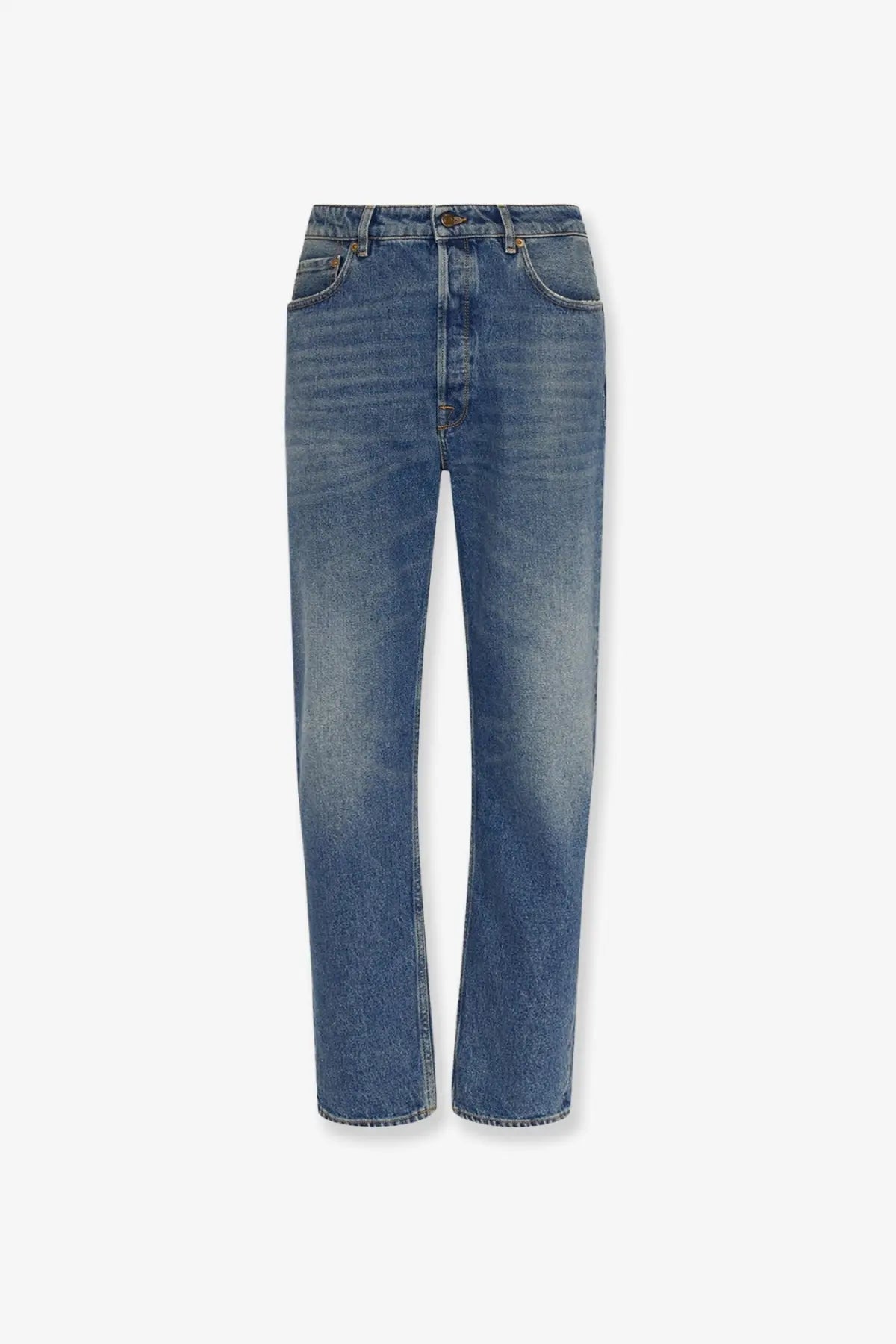 Golden Goose men’s pant happy jeans blue medium-wash denim straight-leg with classic five-pocket design front view