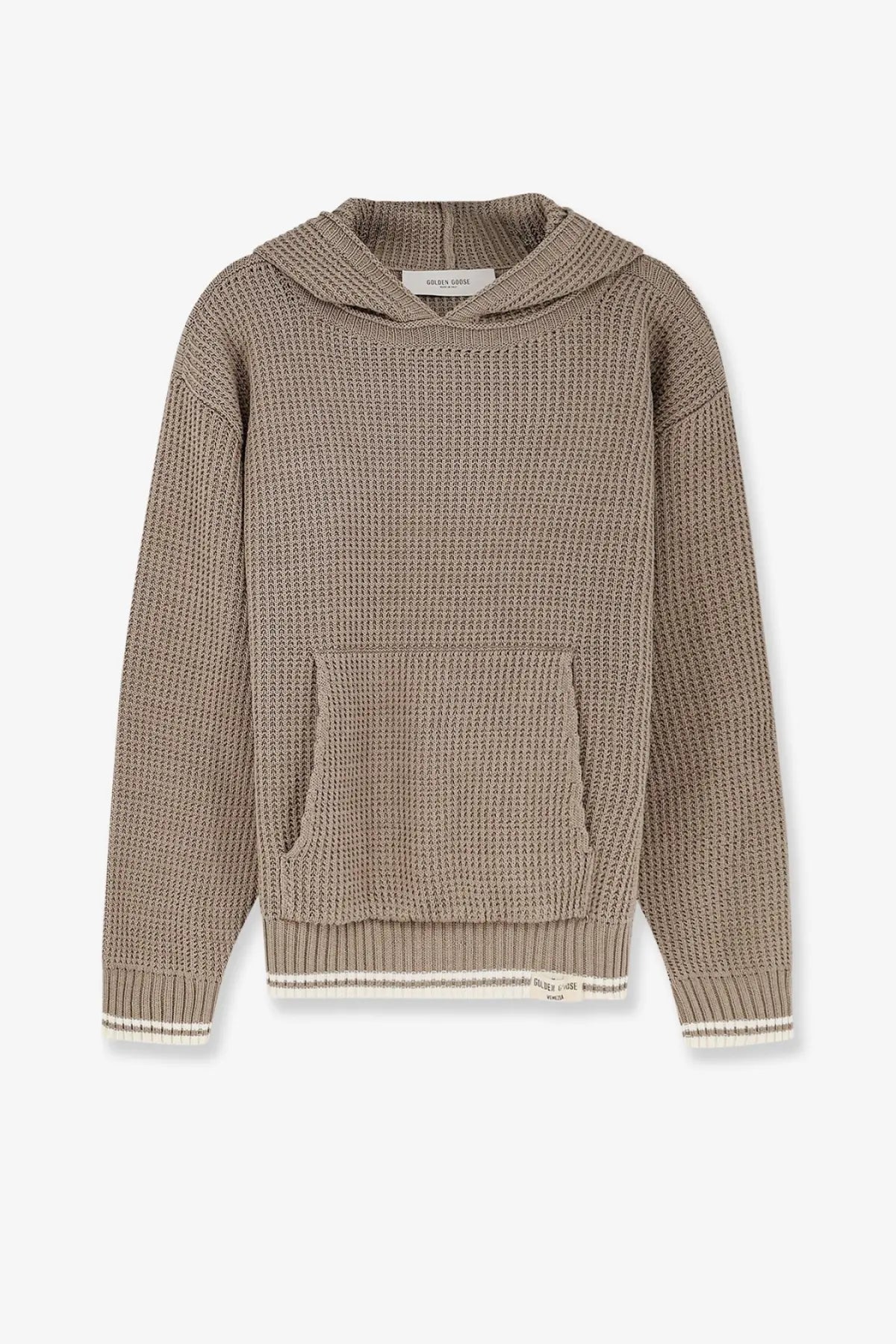 Beige waffle-knit cotton hoodie with ribbed cuffs and hem front pocket and hood from Golden Goose Patrick unisex sweater