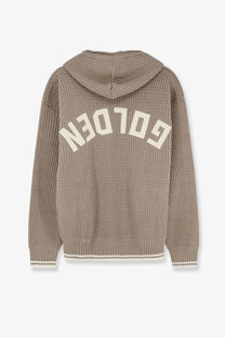 Beige waffle-knit golden goose men’s patrick unisex cotton hoodie with cream golden lettering on the back