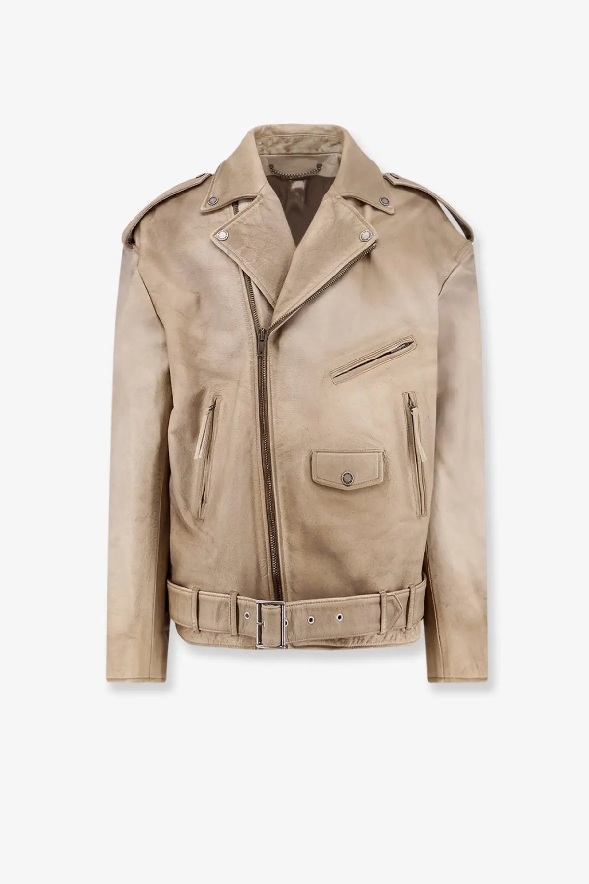Beige leather biker jacket with belted waist and classic flap pockets from golden goose mens phoebe over leather jacket