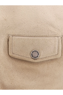 Beige leather pocket with silver circular button featuring golden goose logo on golden goose men’s phoebe leather jacket