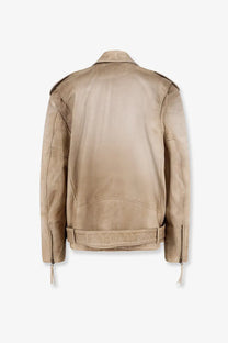 Tan leather motorcycle jacket with classic stitching and zipper details from Golden Goose men’s Phoebe over leather jacket beige