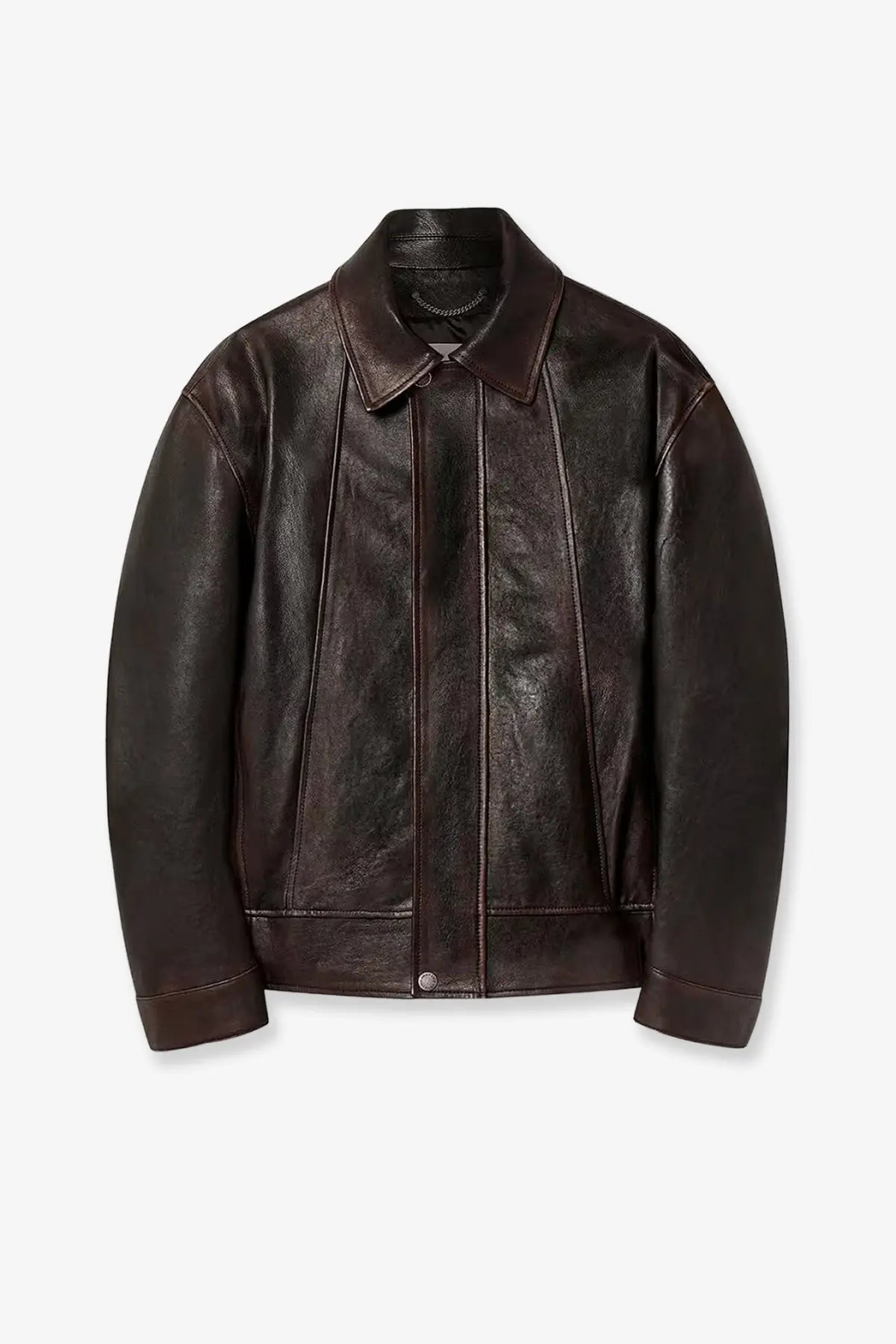 Golden goose men’s prince leather bomber blue featuring a dark brown leather jacket with classic collar and button closure
