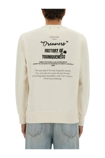 Cream-colored golden goose men’s regular fit sweatshirt with black text and small leaf graphic in grey