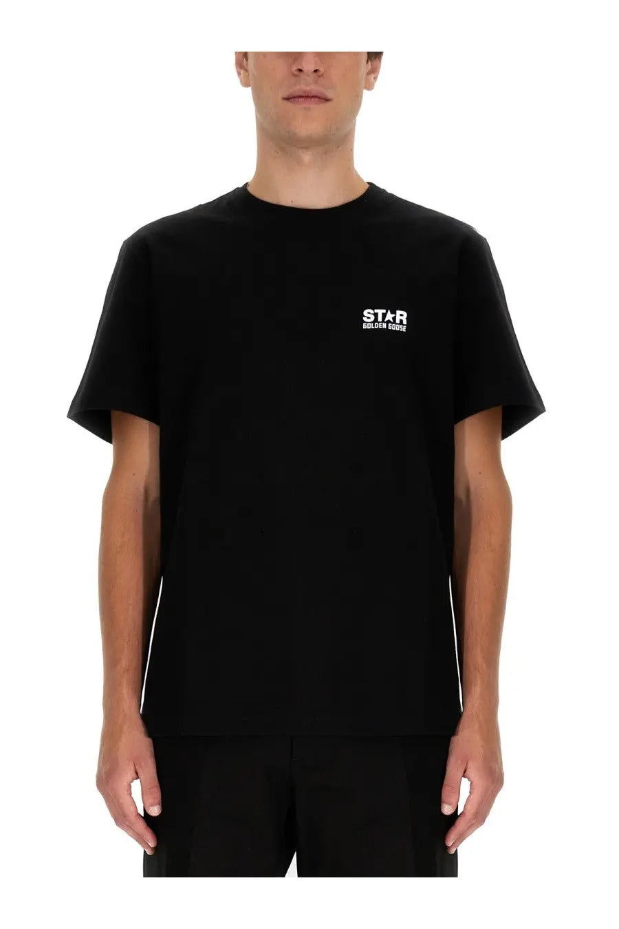 Golden Goose men’s black short-sleeved t-shirt with small white star logo and text on the left chest