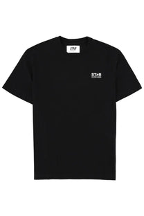 Black short-sleeved golden goose men’s shirt with white star logo and golden goose text on the chest