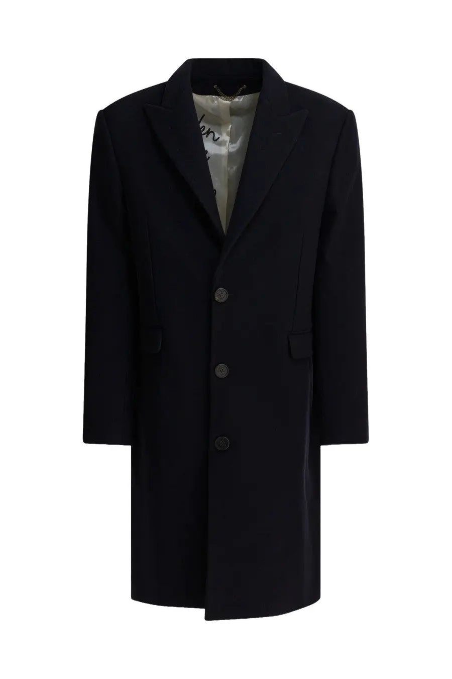Black wool overcoat with notched lapels and three dark buttons in golden goose men’s single breasted wool coat blue style