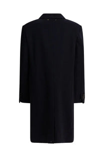 Golden goose men’s single breasted wool coat blue shown as a black tailored overcoat with classic collar and stitching details