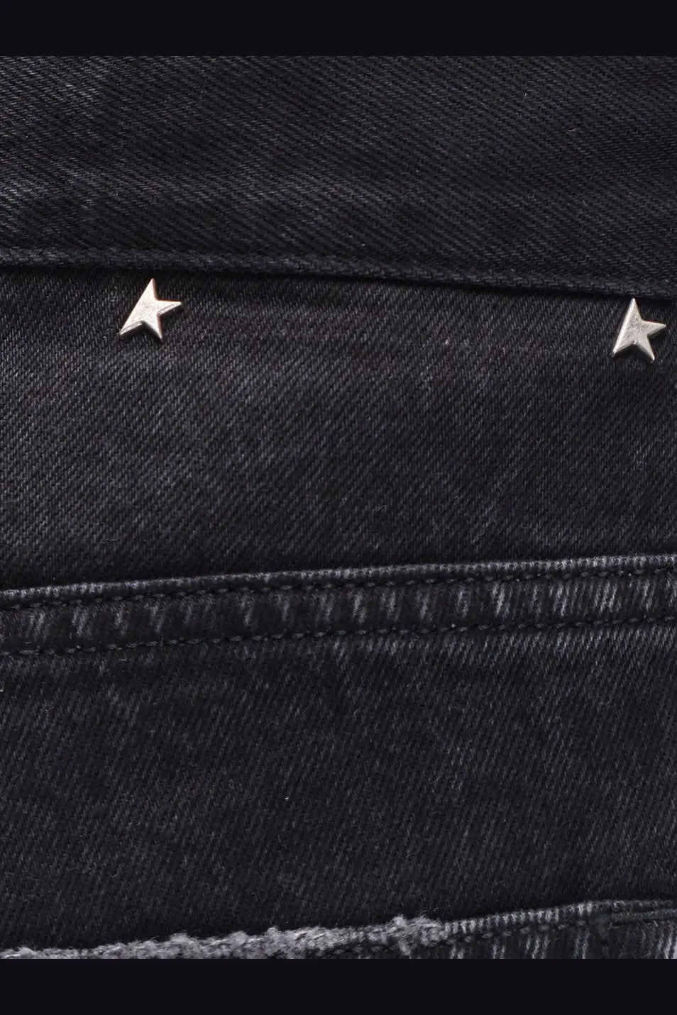 Silver star-shaped studs on dark black denim fabric of golden goose men’s skate black denim jeans