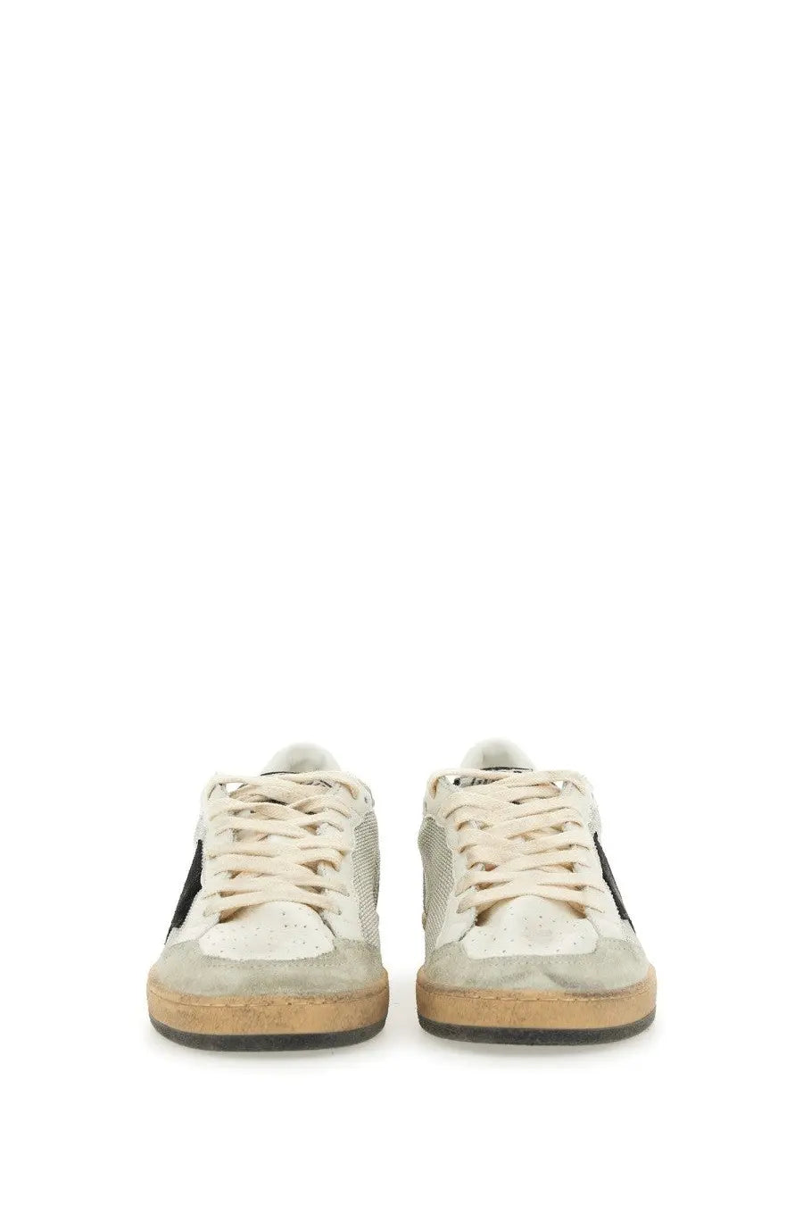 Golden Goose men’s sneaker ball star silver in distressed off-white suede and mesh with black side panels low-top design
